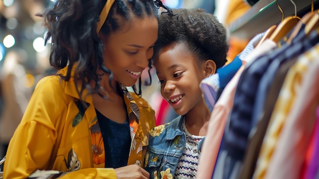 Happy mother and daughter shopping for clothes in a store