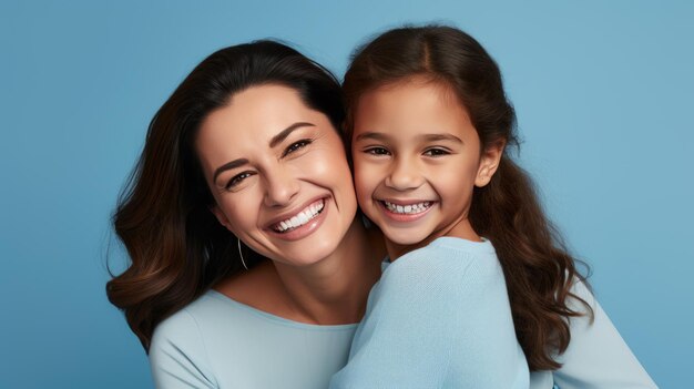 제너레이티브 AI 기술로 만든 파란색 배경에서 웃고 포옹하는 행복한 엄마와 딸