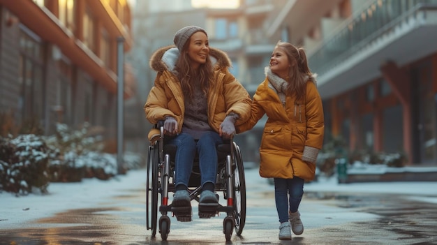 Happy mother and daughter in a wheelchair on the street in winter