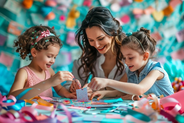 Happy Mother Engaged in Creative Crafting with Her Daughters at Home Family Enjoying Art