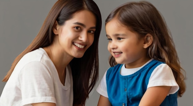 Happy mother giving piggy back ride to her daughter isolated on