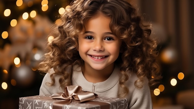 Happy mother holding baby girl 45 year old with Christmas present box over lights in room