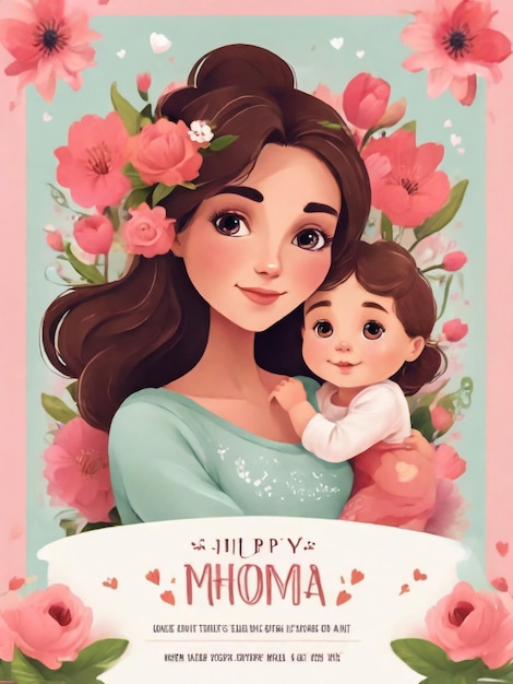 Happy Mother holding baby surrounded by flowers flat vector illustration Mother hugs her child motherhood Celebration of Happy Mothers Day greeting card