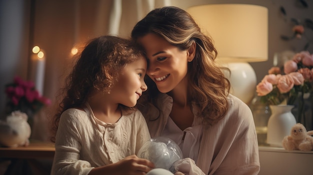 A happy mother hugs her little daughter while sitting in the living room