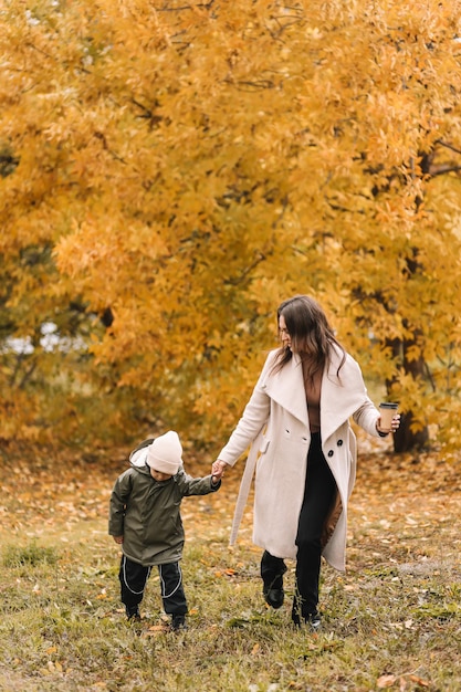 幸せな母と小さな息子秋の森で自然の中で歩いている子供
