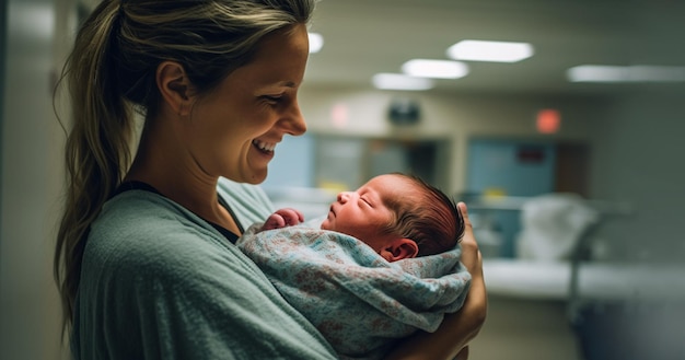 Счастливая мать и новорожденный ребенок в больничной койке рождение ребенка в роддоме молодая мама обнимает