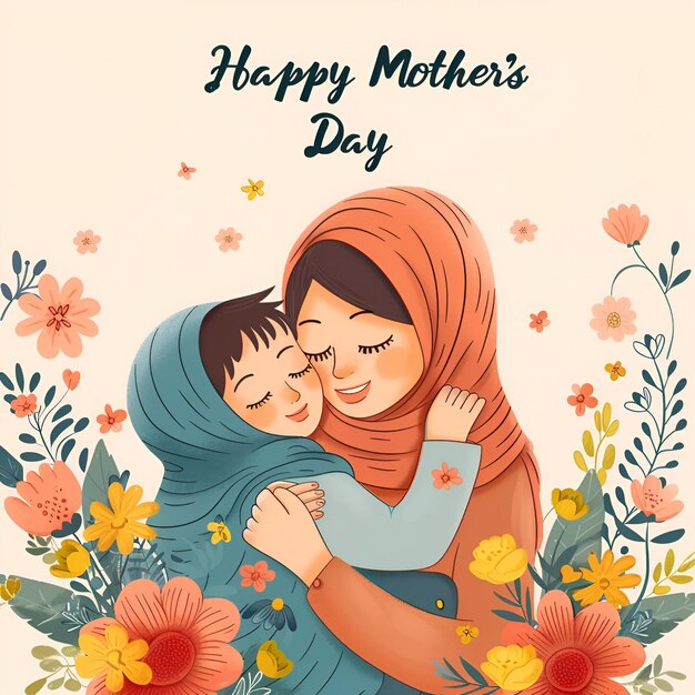 Photo happy mother s day illustration mother holding baby surrounded by flowers