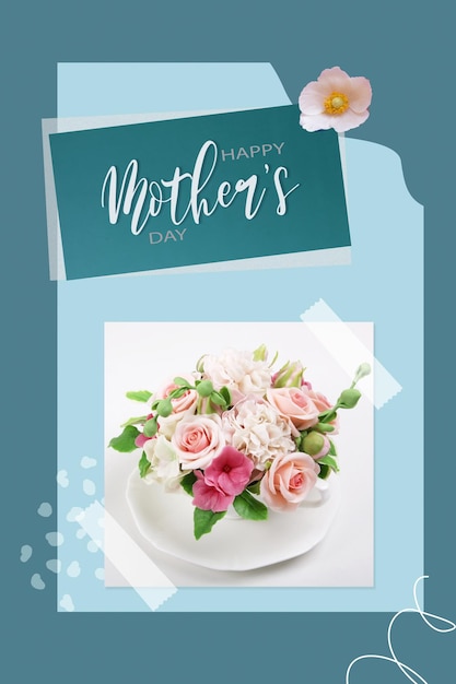 Photo happy mother's day text and flower bouquet in a cup modern collage greeting card