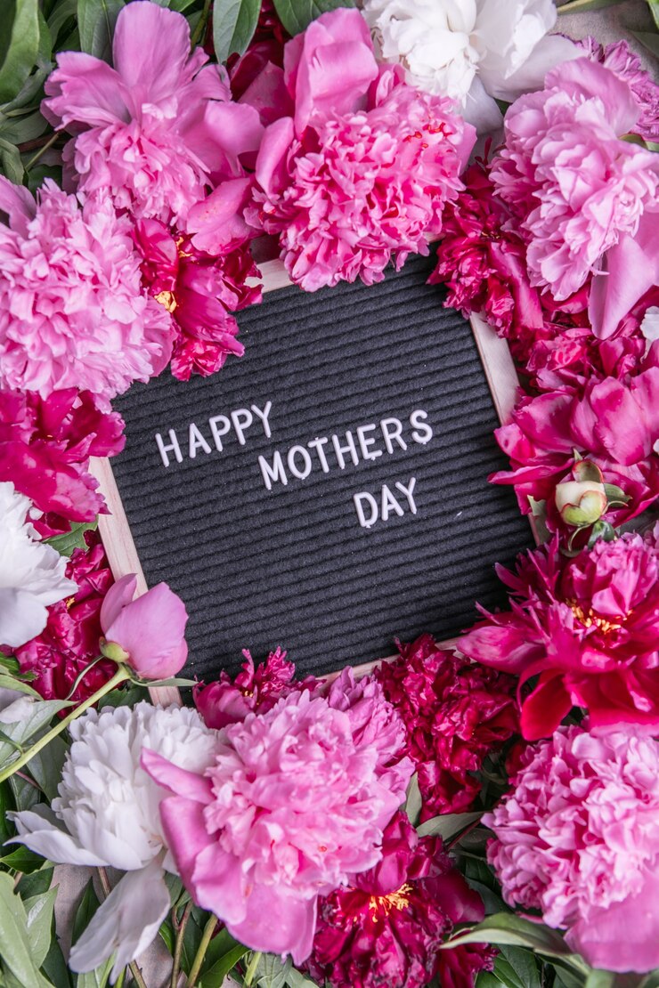 Happy mother's day text and peony. Stylish floral greeting card. Handwritten lettering. Mothers day