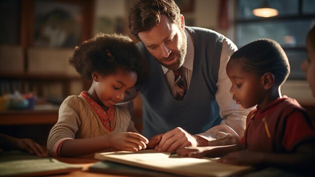 Photo a happy mother and son are doing schoolwork at home generative ai