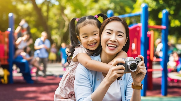 Happy mother taking a photo with her daughter in the park