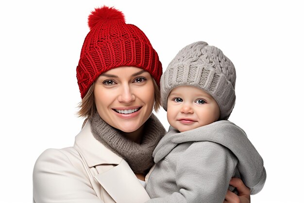 Happy mother with child on white background in hat and jacket