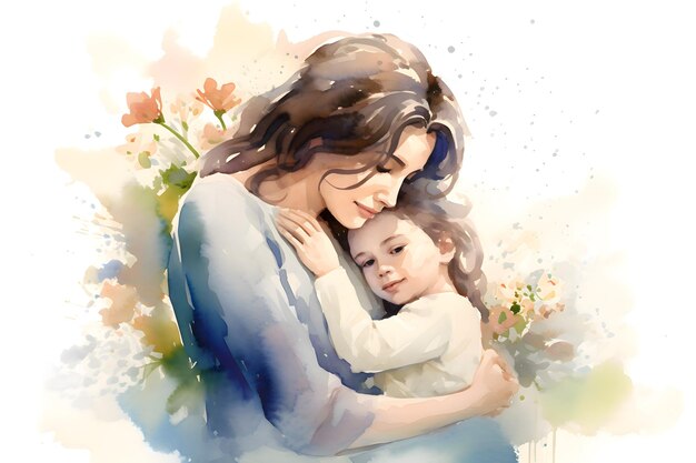 Happy Mother39s Day Mother hugs her child in watercolor style