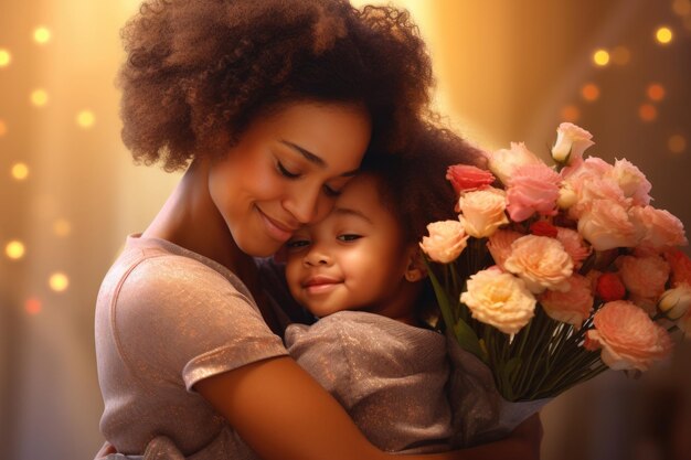 Happy mothers day afro american family happy baby daughter congratulates mom on the holiday hugs