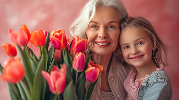 Happy mothers day beautiful young girl and her grandmother with flowers