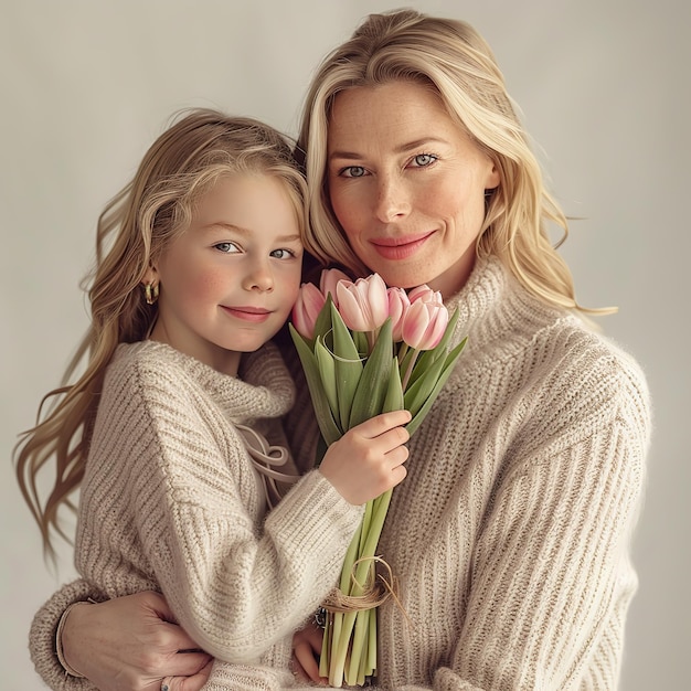 Happy mothers day Beautiful young mother and her daughter are holding a bouquet of tulips and smil