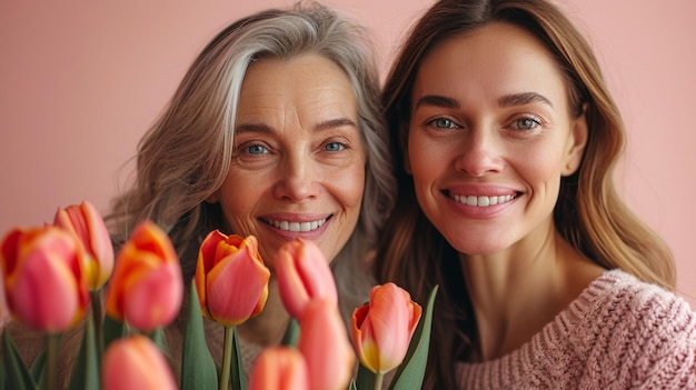 Happy mothers day beautiful young woman and her mother with flowers