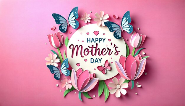 Happy Mothers Day card surrounded by flowers with soft pink background