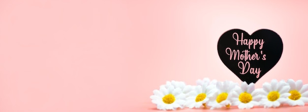 明るいパステル ピンクの背景と白いデイジーの花幸せな母の日カード母の日テーマ ピンク ハート コンセプト コピー スペース