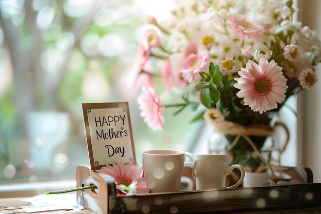 Foto buon giorno alle madri con una tazza di caffè e fiori su un tavolo di legno