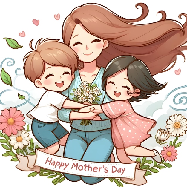 Happy Mothers Day Celebration With Cheerful Cartoon Family Outdoors