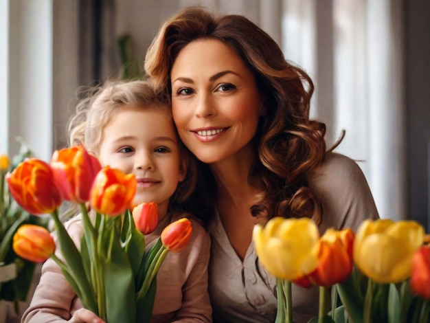 Happy mothers day Child daughter congratulates moms and gives her flowers tulips