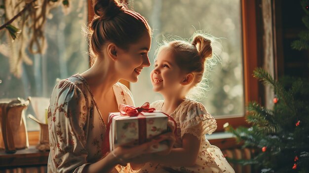 Happy mothers day Child daughter surprise mom giving her a gift Concept about family and love