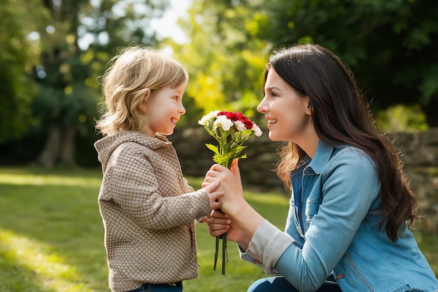 행복한 어머니의 날 아이는 휴일에 엄마에게 꽃을 선물합니다 행복한 엄마의 날 아이가 꽃을 준다