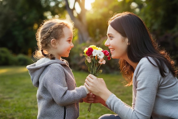 Photo happy mothers day child gives flowers for mother on holidayhappy mothers day child gives flowers