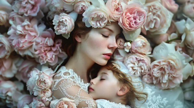 happy mothers day concept photo with mom and daughter sleeping together on pink and white roses bed