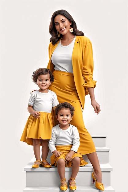 Photo happy mothers day dad celebration a woman and two children posing on stairs