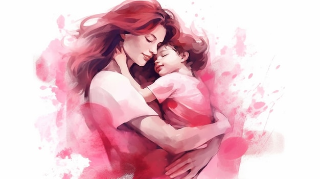 Happy Mothers Day drawing in the style of dark pink and white watercolor Happy Mother's Day