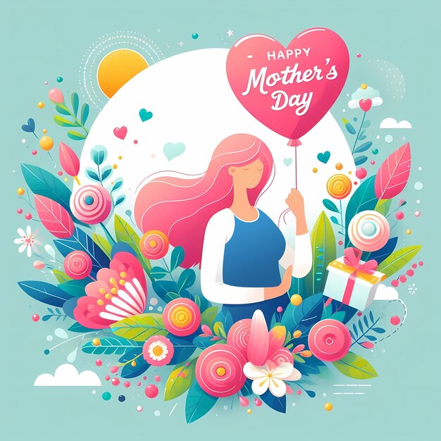 Happy Mothers Day gift card Colorful Illustration with woman and blossom flowers