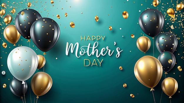 Photo happy mothers day greeting card design with balloon and falling confetti on shiny background