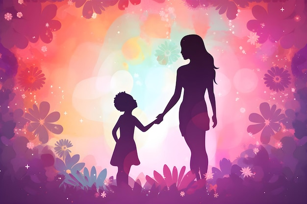 Happy mothers day greeting card illustration of silhouette mom and daughter with flowers in bright colors Holiday family background concept Generated ai