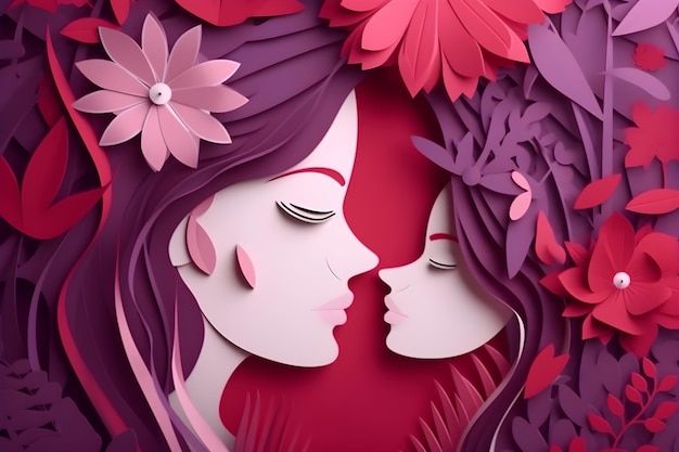 Happy mothers day greeting card of papercut mom and daughter with flowers in red and lilac colors Holiday family background concept Generated ai