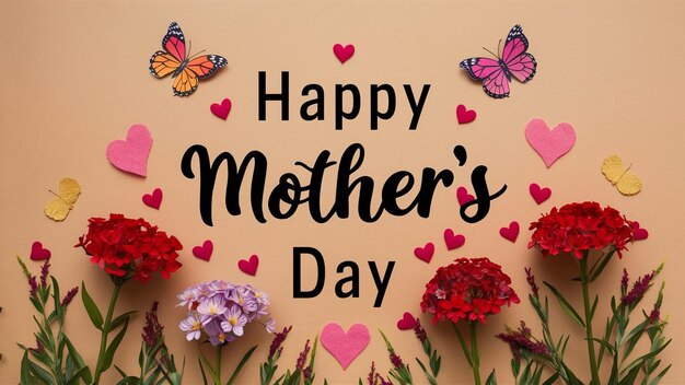 happy mothers day greeting card with flowers and butterflies on a yellow background