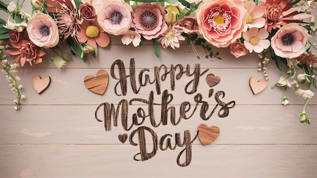 a happy mothers day greeting card with flowers on a wooden background