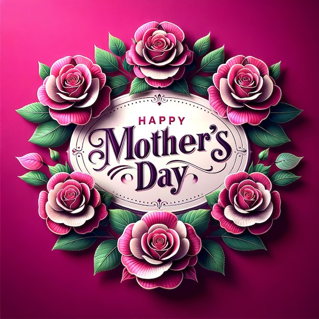 Фото Поздравительная открытка на день матери с пышными розовыми цветами и круглой рамкой на красном фоне