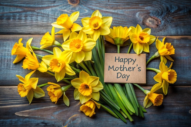 木製の背景に黄色いナスリを描いた母の日祝賀カード
