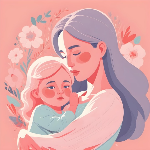 Happy mothers day illustration with mother and her children hug