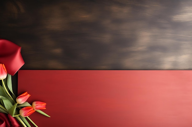 Happy mothers day inscription with tulips bouquet on table