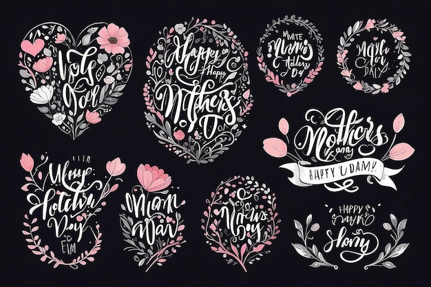 Foto set di lettere per la festa della madre, calligrafia a mano, illustrazione vettoriale, biglietto per la giornata della madre