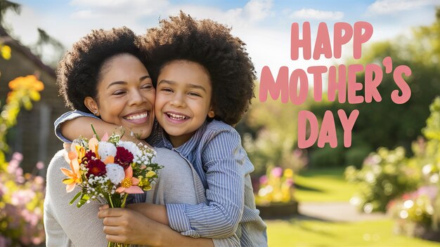 사진 행복한 어머니의 날 어머니의 날 사진은 웃는 어머니와 그녀의 아이가 포옹하는 배경은 다양한 다채로운 꽃이있는 그림 같은 빛 정원입니다.