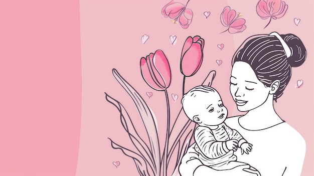 Фото Счастливого дня матери на розовом фоне мать с ребенком на руках и тюльпанами