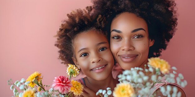 写真 ハッピーマザーデー 母と娘の花の肖像画 幸せなアフリカ系アメリカ人の家族が愛で抱きしめ合っている 国際母の日コンセプト コピースペース