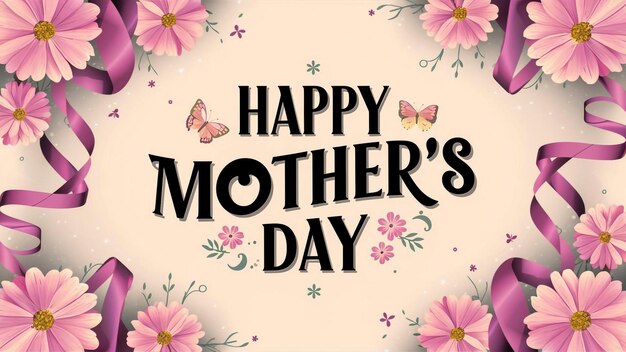 happy mothers day poster with butterflies on a beige background