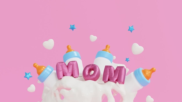 Happy Mothers day viering Moeder tekst met babyfles op melk splash kopie ruimte tekst toevoegen 3D render