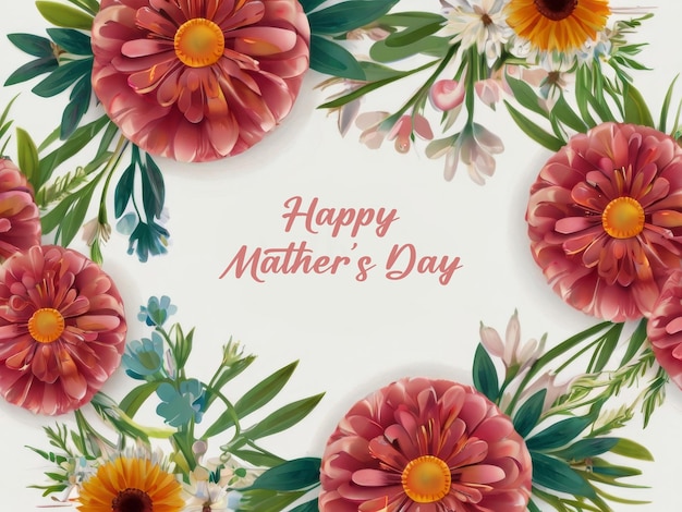 Photo happy mothers day with mother and baby floral frame illustration with colorful spring flowers background