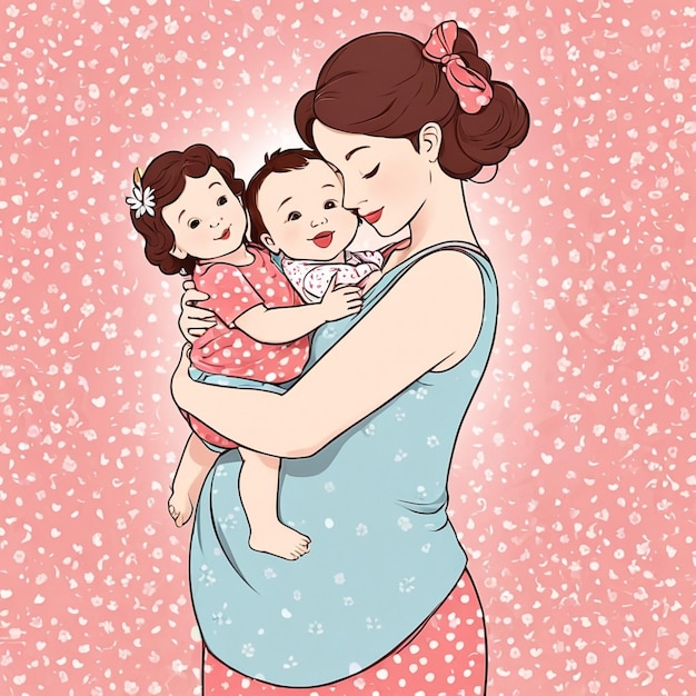 Photo happy mothers day with mother and child in cartoon style